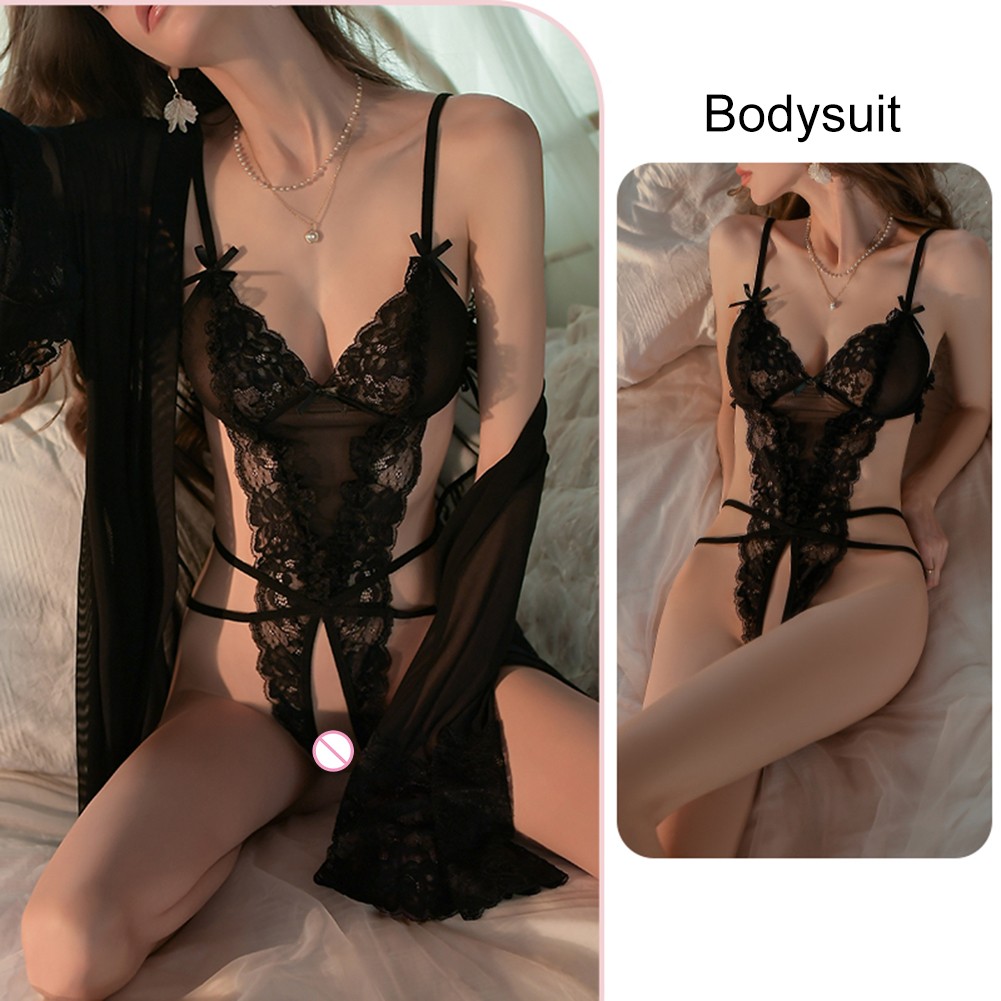 Charming Black Lace See Through Women's Nightgown Robe Belt Set Pajama - Picture 37 of 54