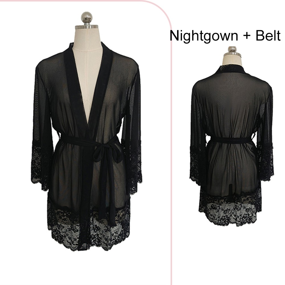 Charming Black Lace See Through Women's Nightgown Robe Belt Set Pajama - Picture 54 of 54