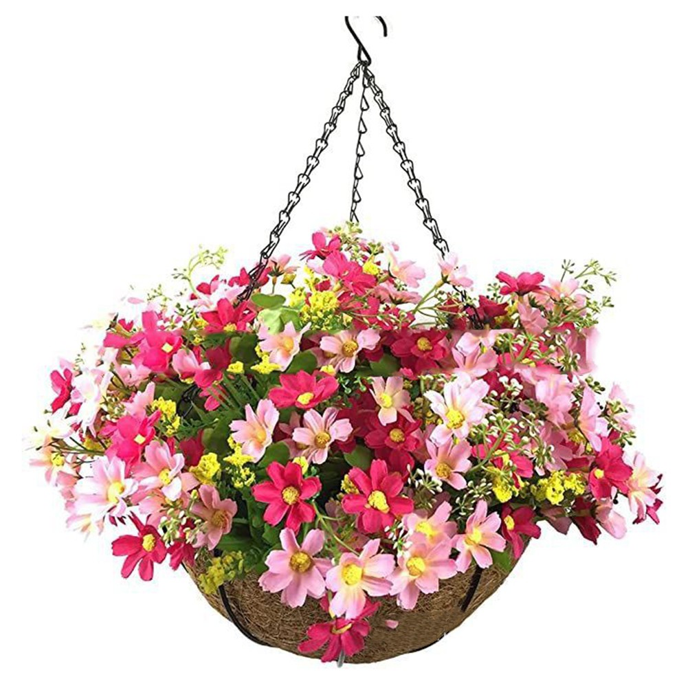 Natural Rattan Hanging Basket Realistic Artificial Flowers Outdoor Opulence