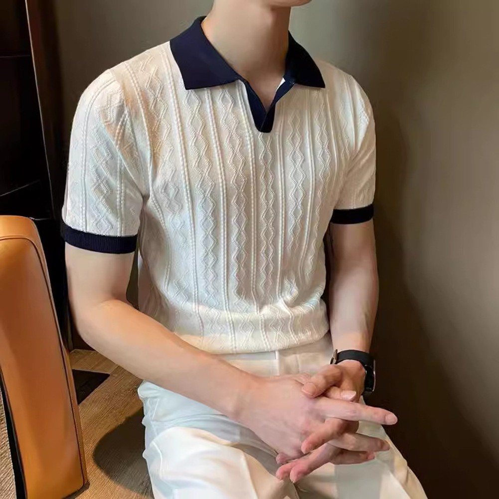 Men's Knitted T Shirt for Fashion Forward Streetwear with Color Patchwork - Picture 24 of 35