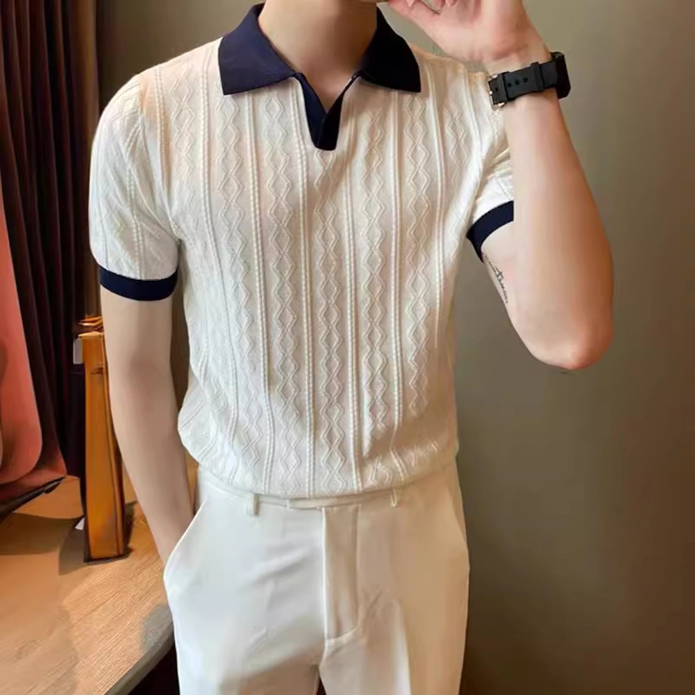 Men's Knitted T Shirt for Fashion Forward Streetwear with Color Patchwork - Picture 25 of 35