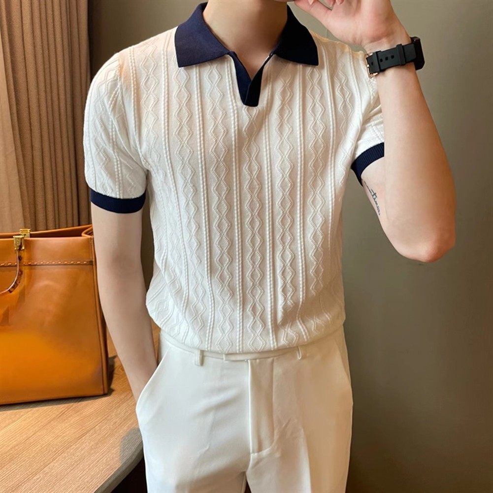 Men's Knitted T Shirt for Fashion Forward Streetwear with Color Patchwork - Picture 28 of 35