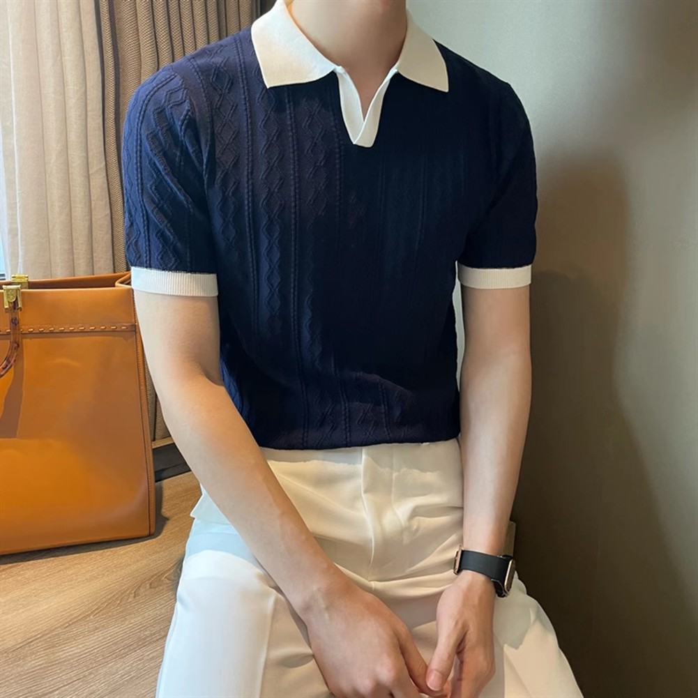 Men's Knitted T Shirt for Fashion Forward Streetwear with Color Patchwork - Picture 34 of 35