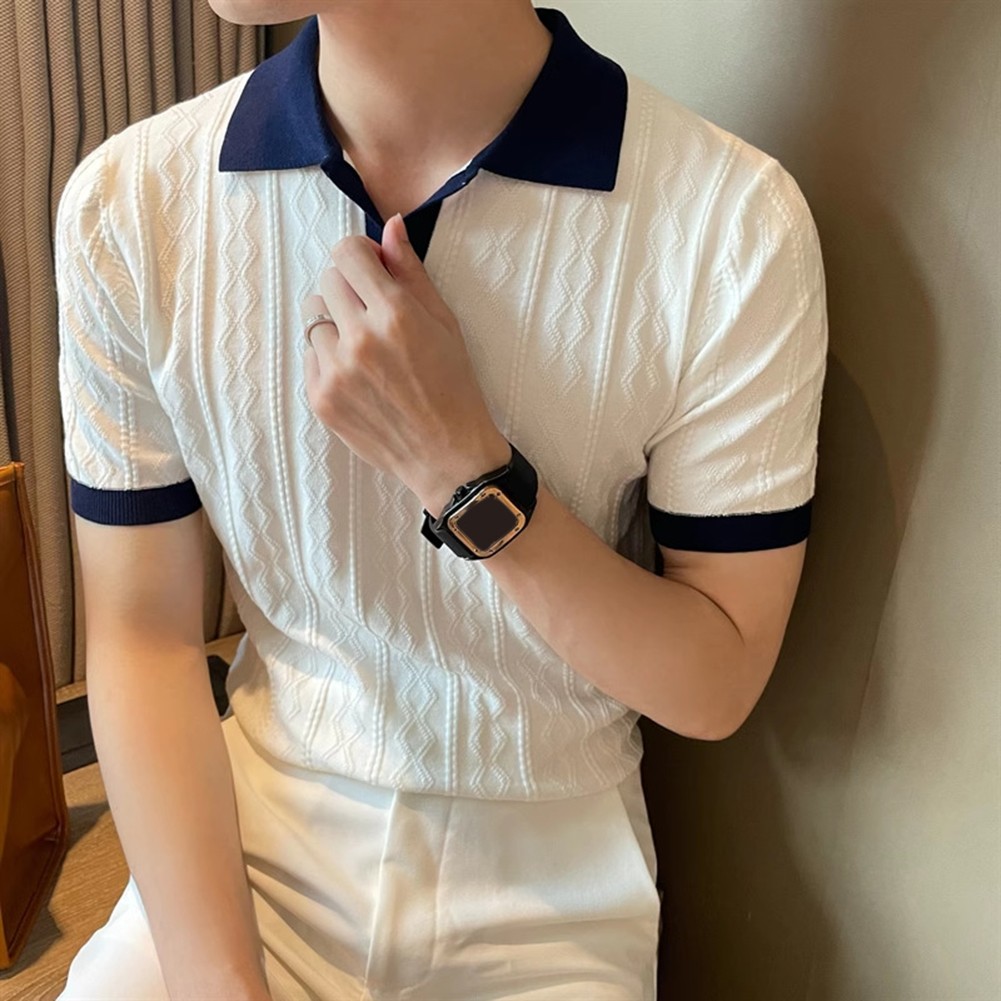 Men's Knitted T Shirt for Fashion Forward Streetwear with Color Patchwork - Picture 27 of 35