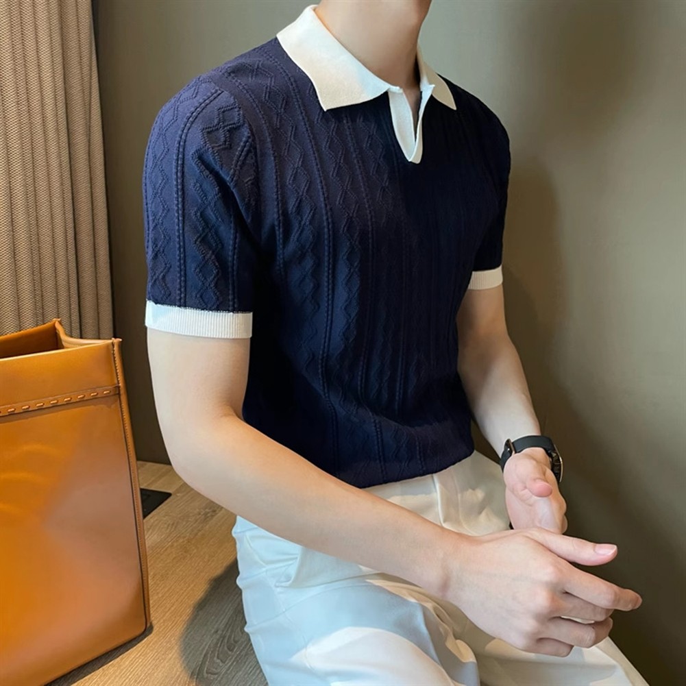 Men's Knitted T Shirt for Fashion Forward Streetwear with Color Patchwork - Picture 32 of 35