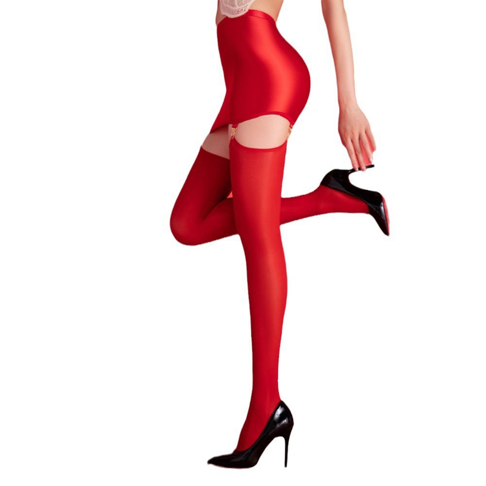 Hip Covering Skirt with Garter Stockings Oil Shiny Glossy Red Lingerie - Picture 28 of 37
