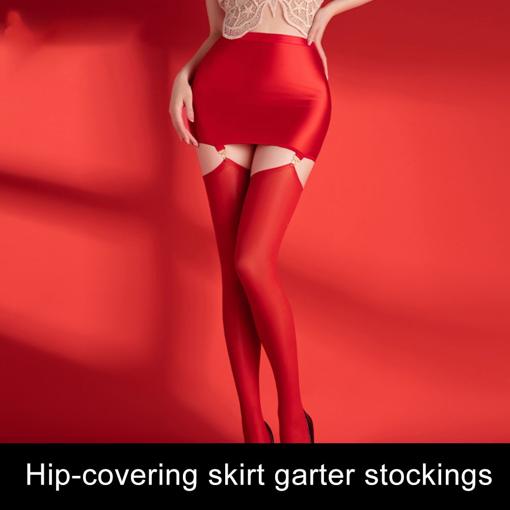Hip Covering Skirt with Garter Stockings Oil Shiny Glossy Red Lingerie - Picture 24 of 37