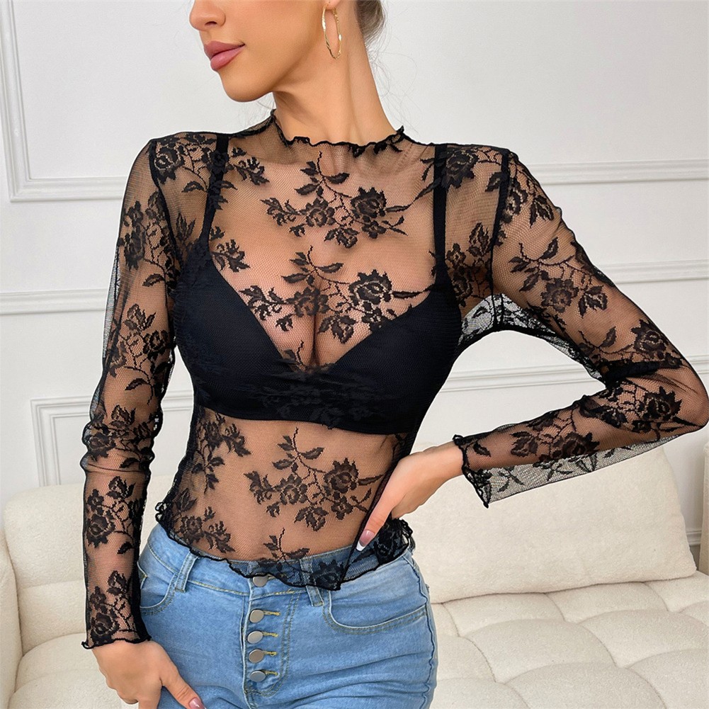 Lace Tops Hollow Shirt Sexy Style All Seasons Casual Style Crew Neck Daily Wear - Picture 21 of 28