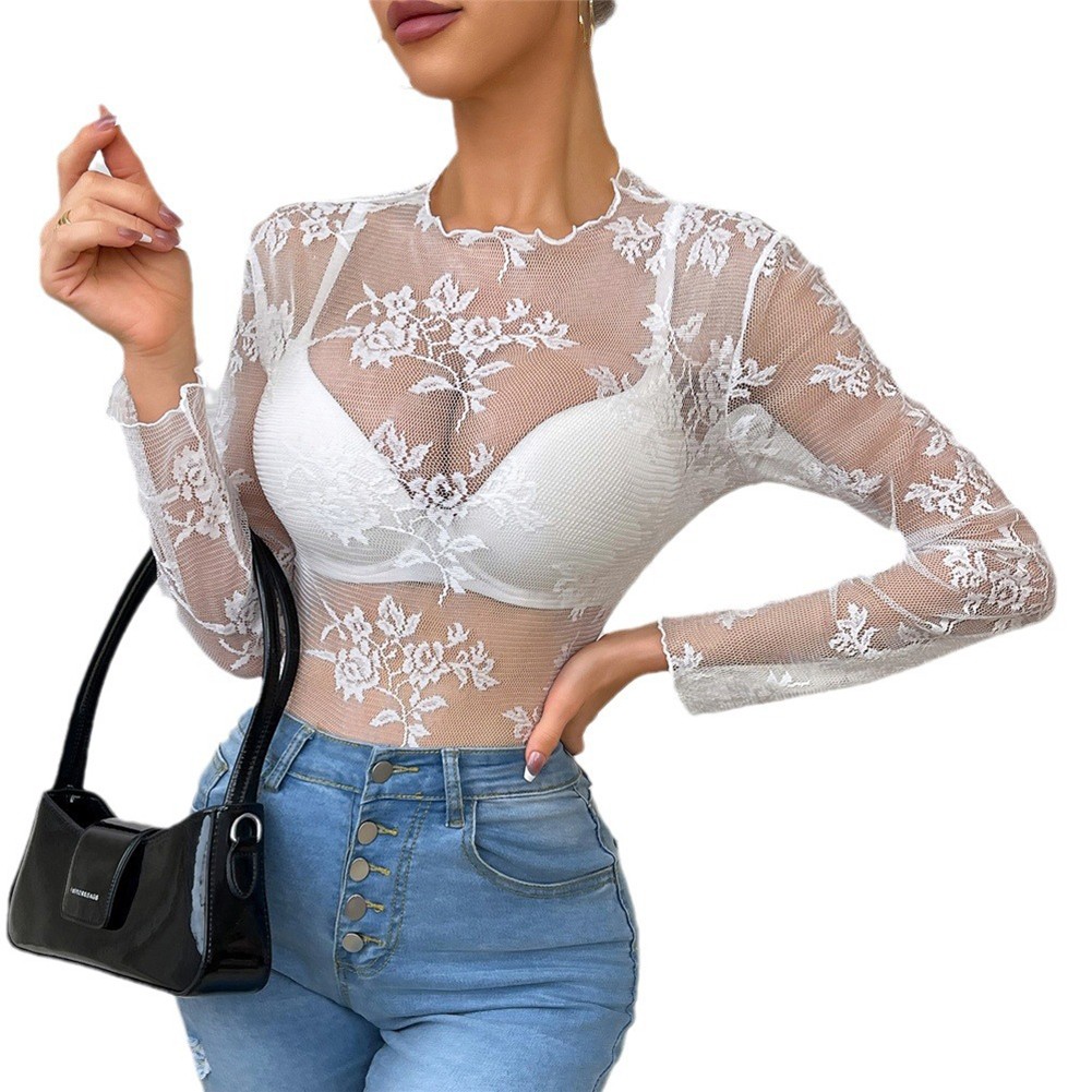 Lace Tops Hollow Shirt Sexy Style All Seasons Casual Style Crew Neck Daily Wear - Picture 23 of 28