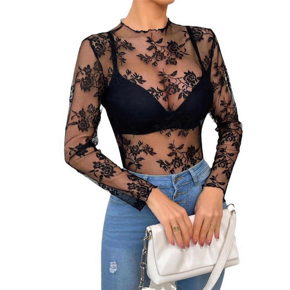 Lace Tops Hollow Shirt Sexy Style All Seasons Casual Style Crew Neck Daily Wear - Picture 16 of 28