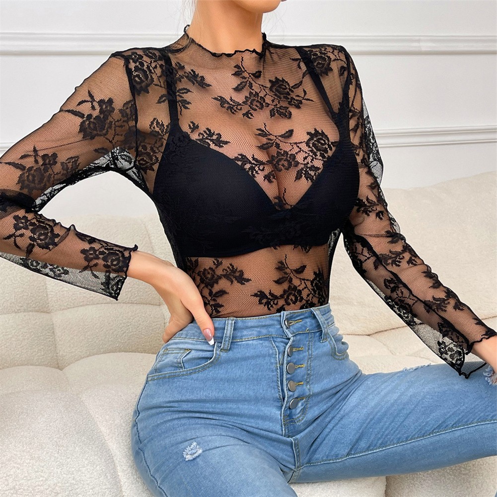 Lace Tops Hollow Shirt Sexy Style All Seasons Casual Style Crew Neck Daily Wear - Picture 19 of 28