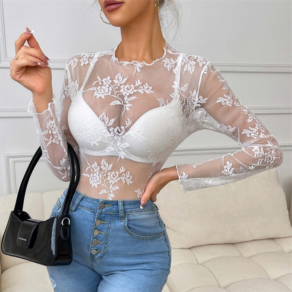 Lace Tops Hollow Shirt Sexy Style All Seasons Casual Style Crew Neck Daily Wear - Picture 25 of 28
