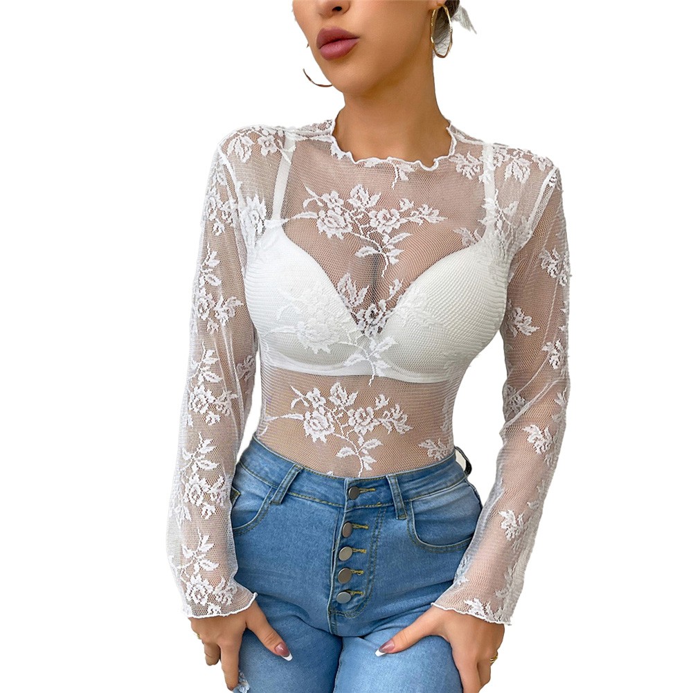 Lace Tops Hollow Shirt Sexy Style All Seasons Casual Style Crew Neck Daily Wear - Picture 22 of 28