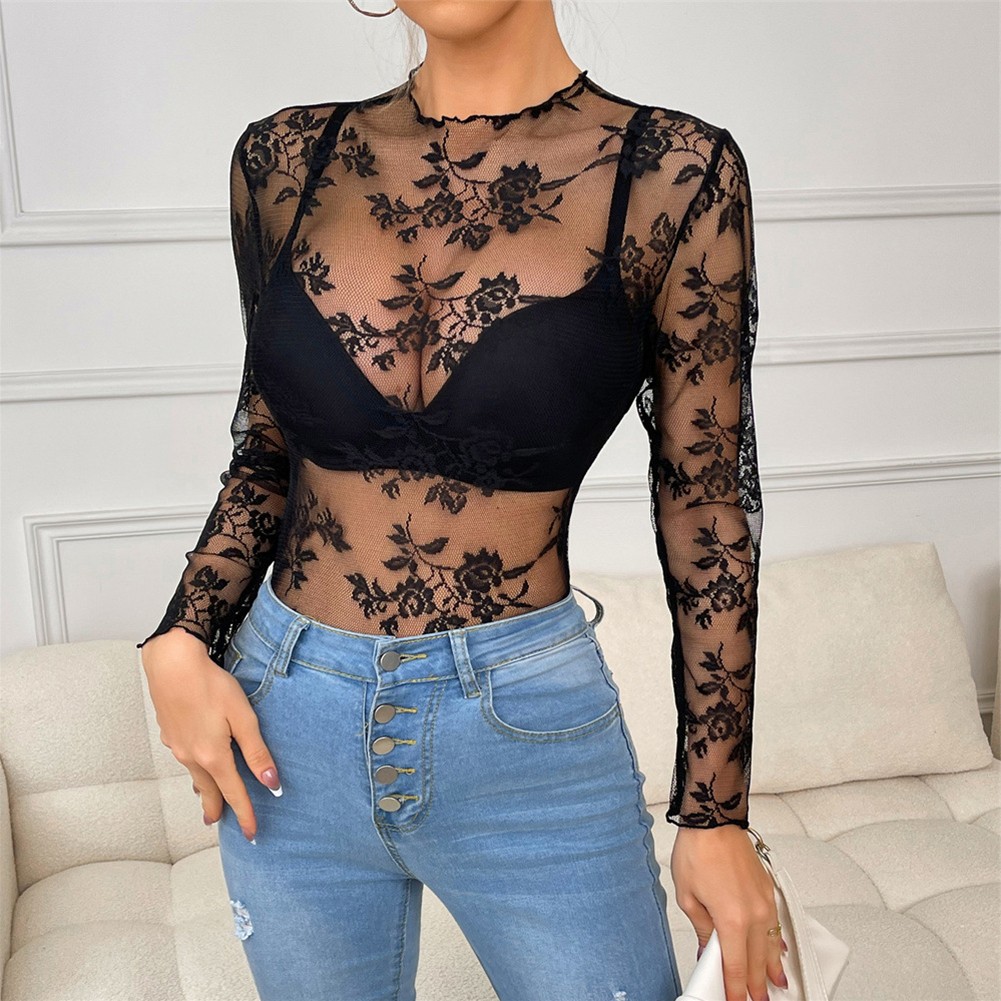 Lace Tops Hollow Shirt Sexy Style All Seasons Casual Style Crew Neck Daily Wear - Picture 18 of 28