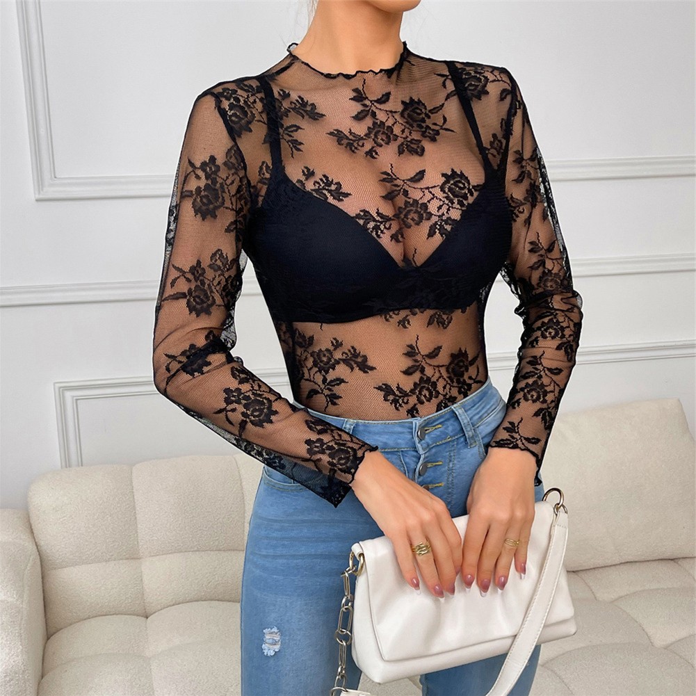 Lace Tops Hollow Shirt Sexy Style All Seasons Casual Style Crew Neck Daily Wear - Picture 17 of 28