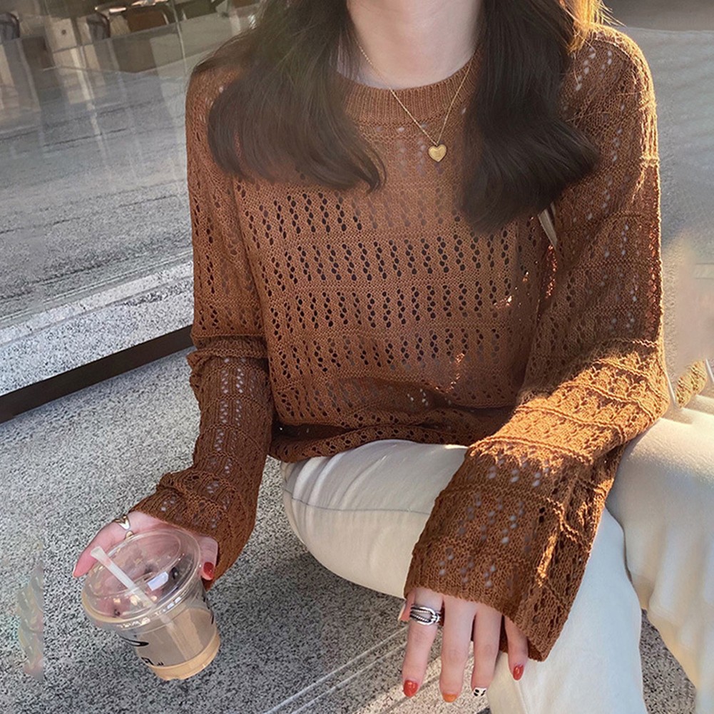 Trendy Coffee Womens Fashion Hollow Knitwear Casual Loose Long sleeves Tops - Picture 14 of 16
