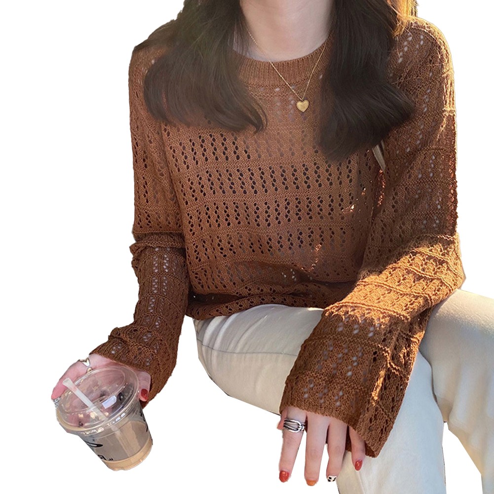 Trendy Coffee Womens Fashion Hollow Knitwear Casual Loose Long sleeves Tops - Picture 13 of 16