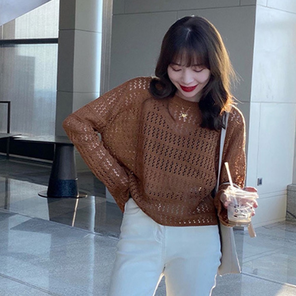 Trendy Coffee Womens Fashion Hollow Knitwear Casual Loose Long sleeves Tops - Picture 16 of 16