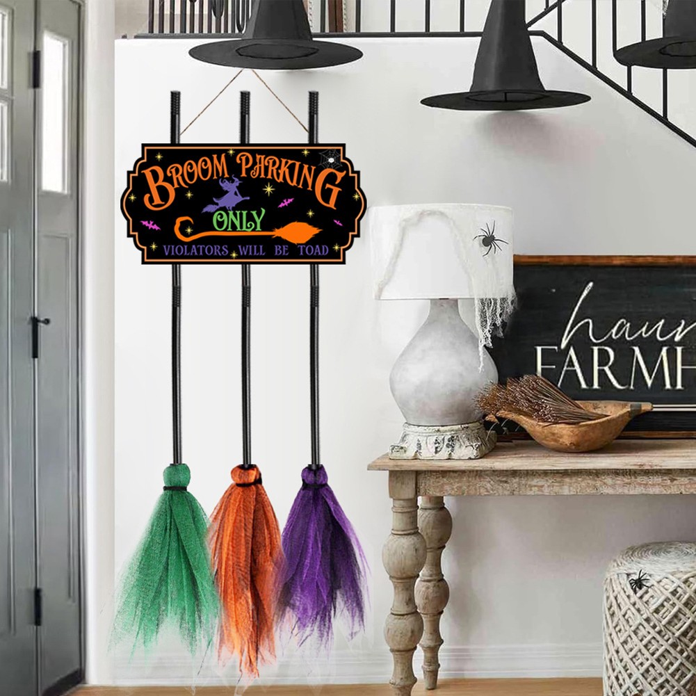 Decorazioni di Halloween, decorazione per Halloween, cartello con scopa e parcheggio con 3 streghe in legno, simpatica decorazione da parete per interni ed esterni, decorazione per casa, ufficio