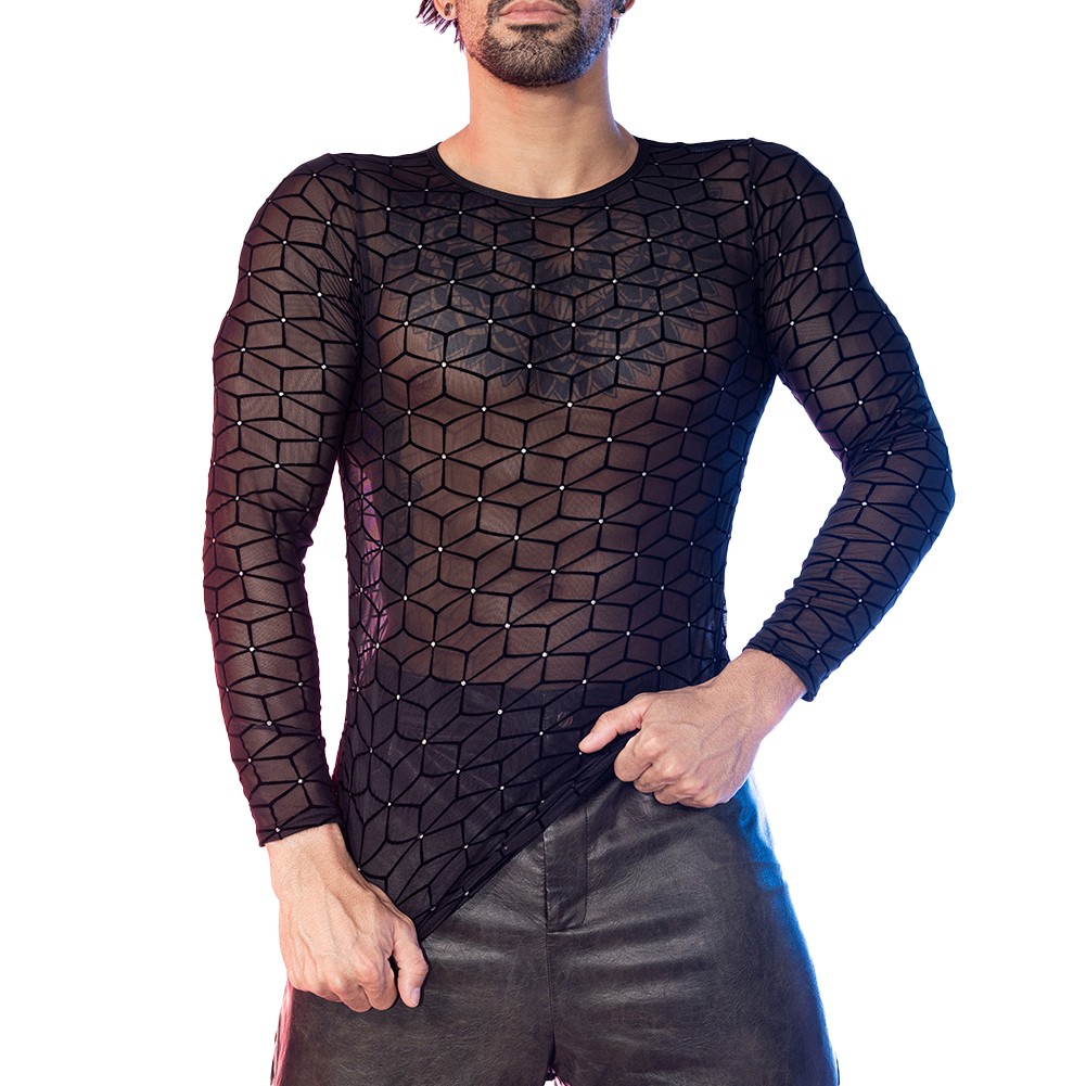 Mens Crew Neck Long Sleeve Mesh Top for Sports Activities and Nightclubs - Picture 13 of 24