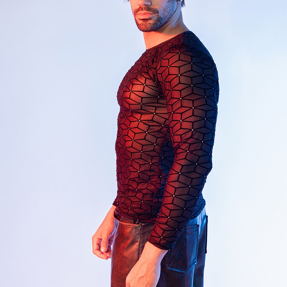 Mens Crew Neck Long Sleeve Mesh Top for Sports Activities and Nightclubs - Picture 22 of 24