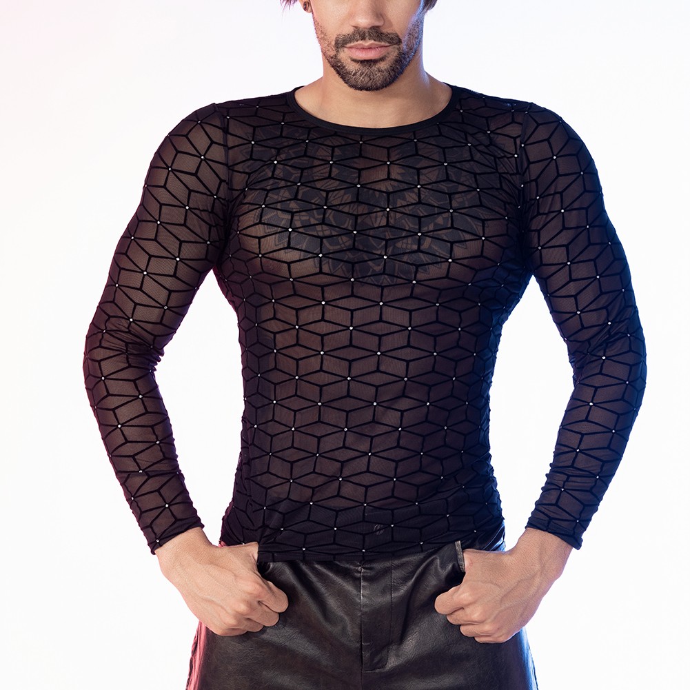 Mens Crew Neck Long Sleeve Mesh Top for Sports Activities and Nightclubs - Picture 18 of 24