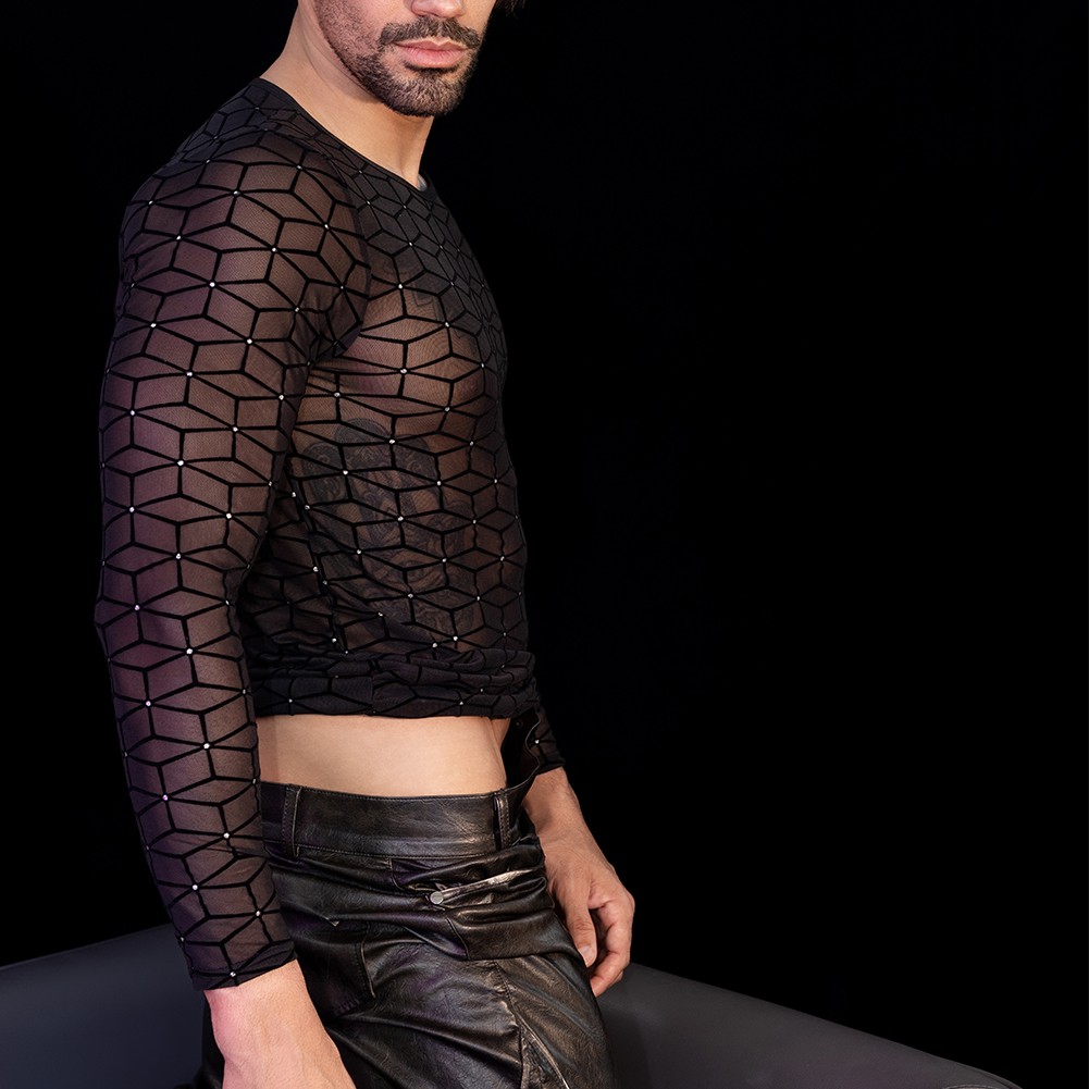Mens Crew Neck Long Sleeve Mesh Top for Sports Activities and Nightclubs - Picture 24 of 24