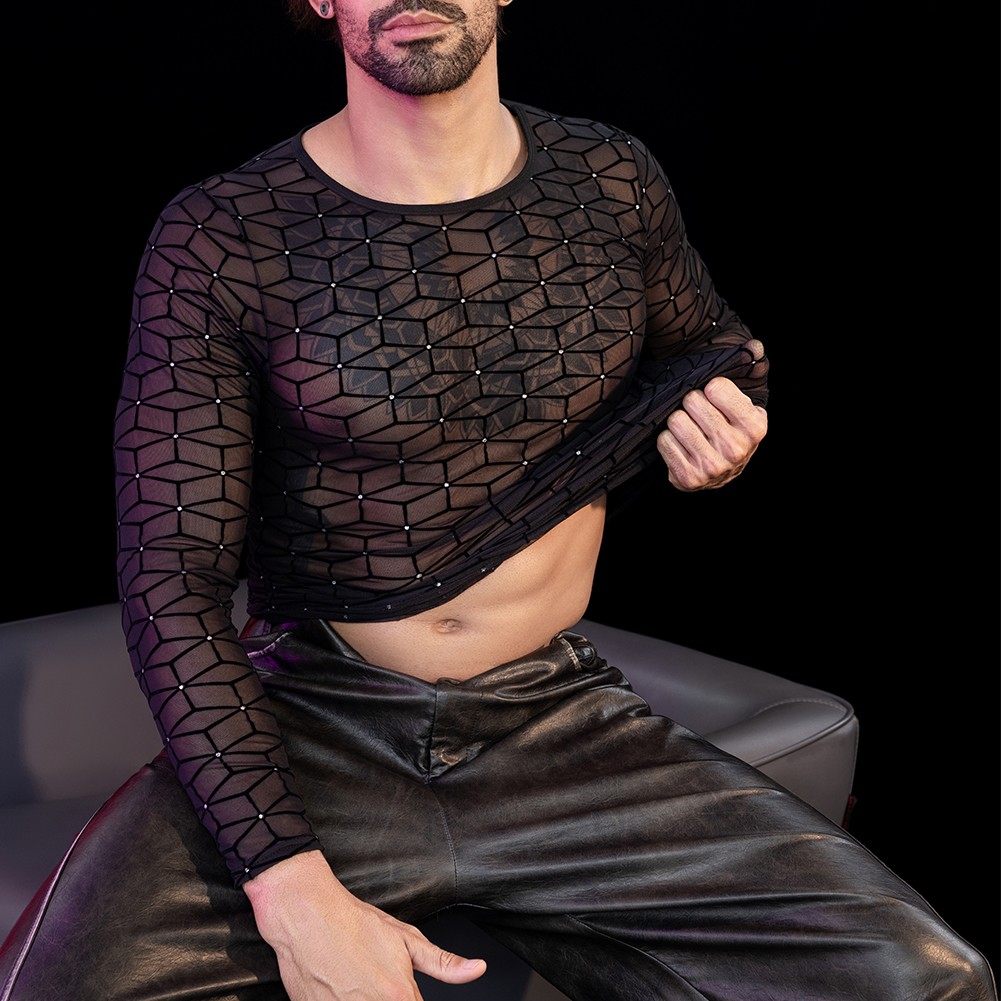 Mens Crew Neck Long Sleeve Mesh Top for Sports Activities and Nightclubs - Picture 16 of 24