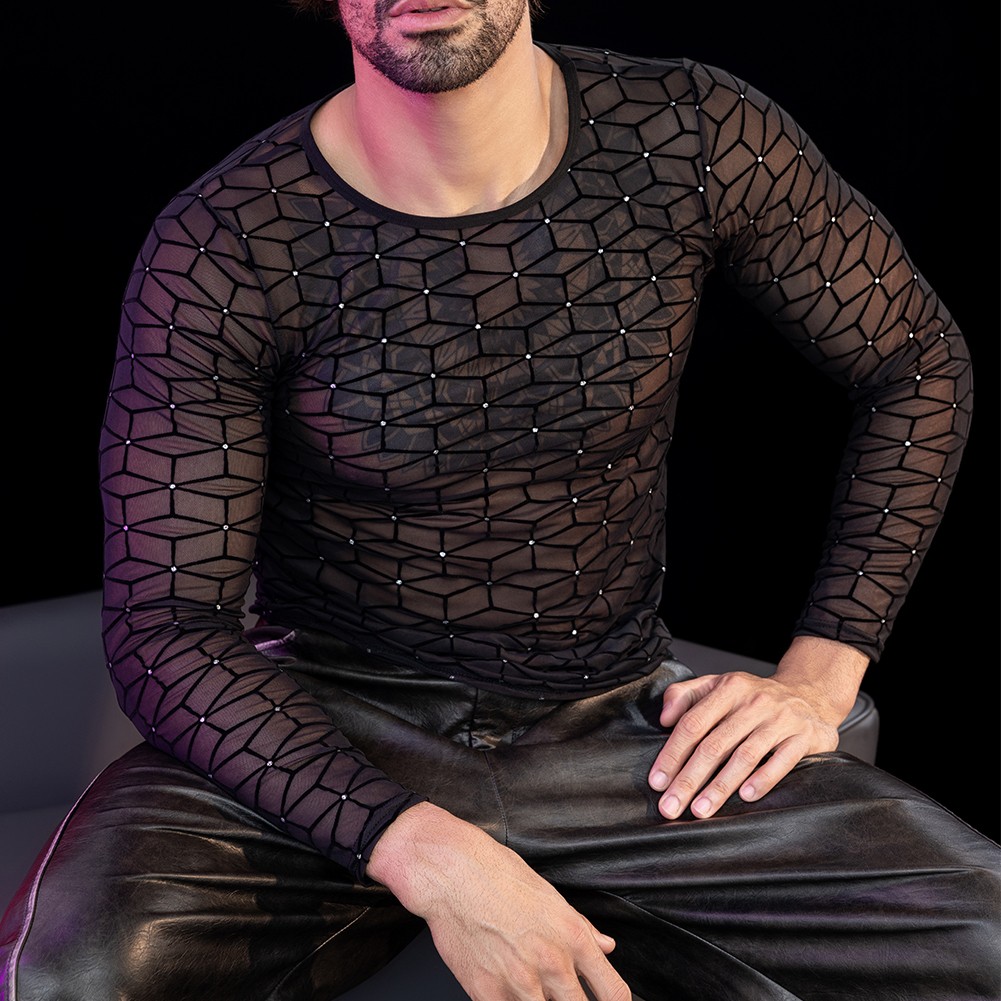 Mens Crew Neck Long Sleeve Mesh Top for Sports Activities and Nightclubs - Picture 14 of 24
