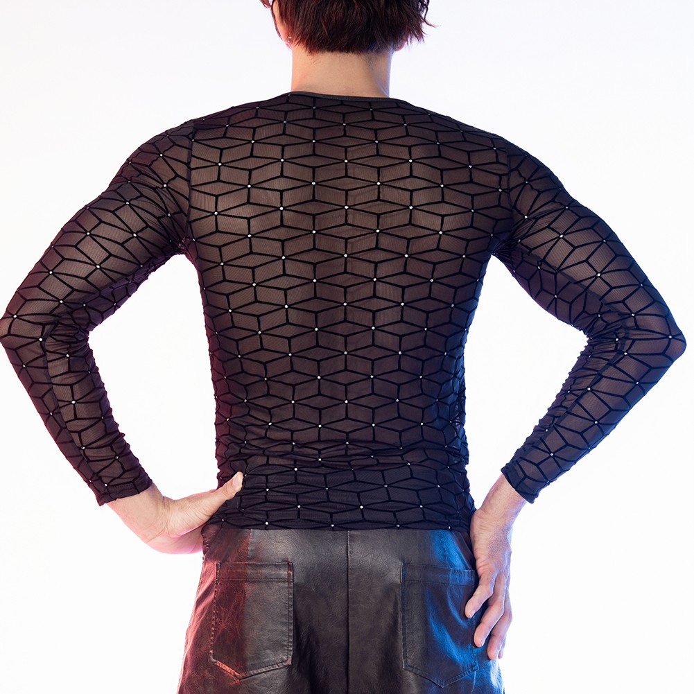Mens Crew Neck Long Sleeve Mesh Top for Sports Activities and Nightclubs - Picture 19 of 24