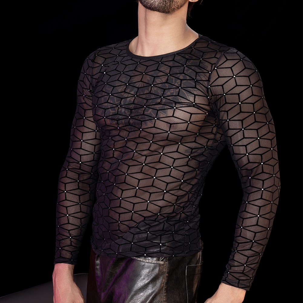 Mens Crew Neck Long Sleeve Mesh Top for Sports Activities and Nightclubs - Picture 17 of 24
