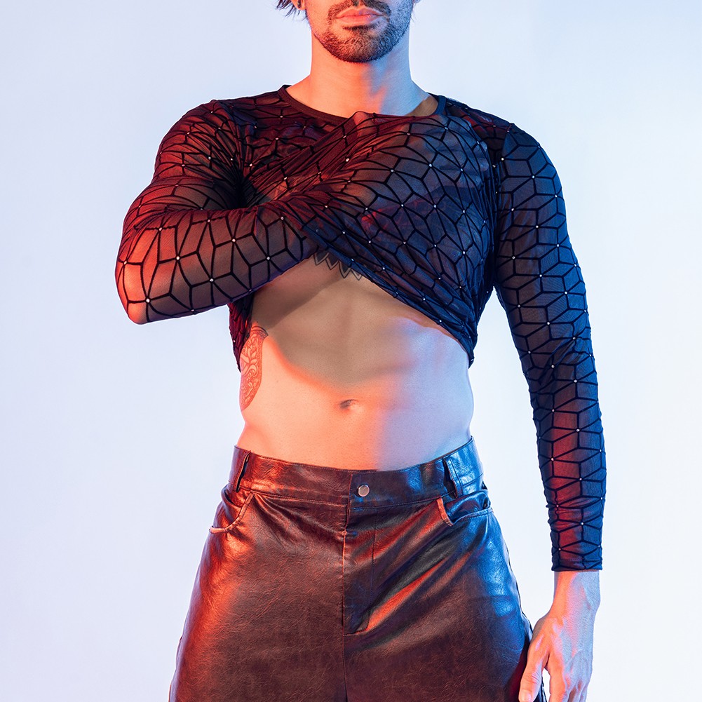 Mens Crew Neck Long Sleeve Mesh Top for Sports Activities and Nightclubs - Picture 23 of 24