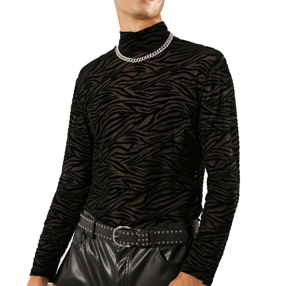 Smart Casual Mens Mesh Print Turtleneck Top for Evening Outfits and Parties