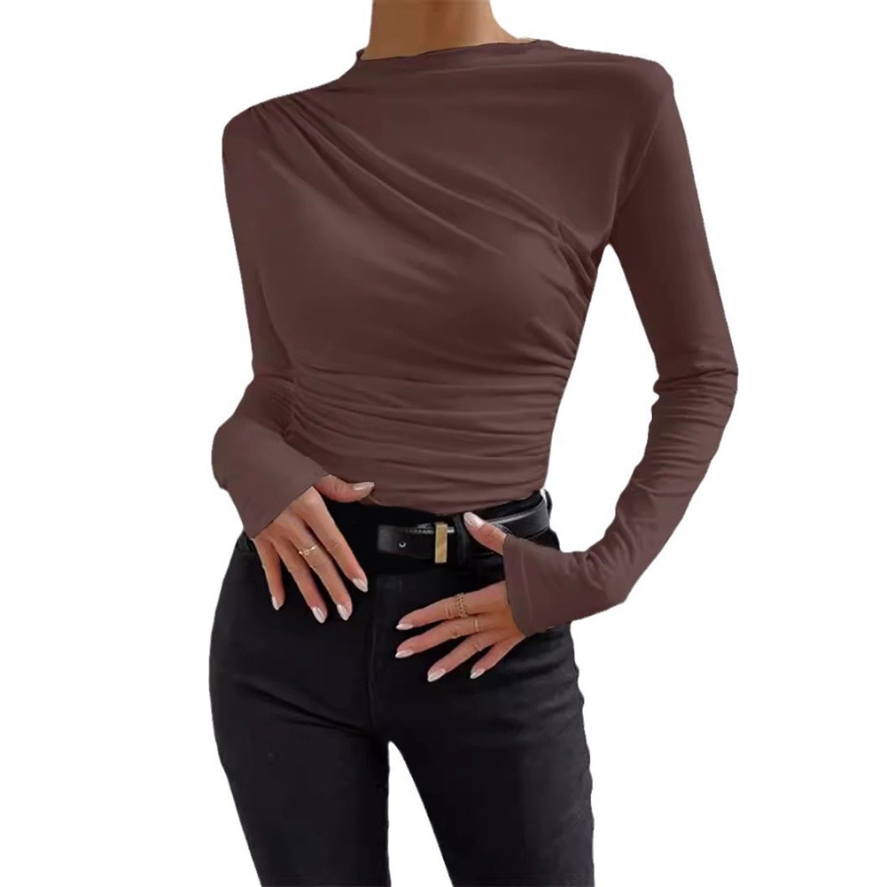 13) Women's Pleated Top with Half High Collar Slim Fit Long Sleeve T shirt - Picture 15 of 32