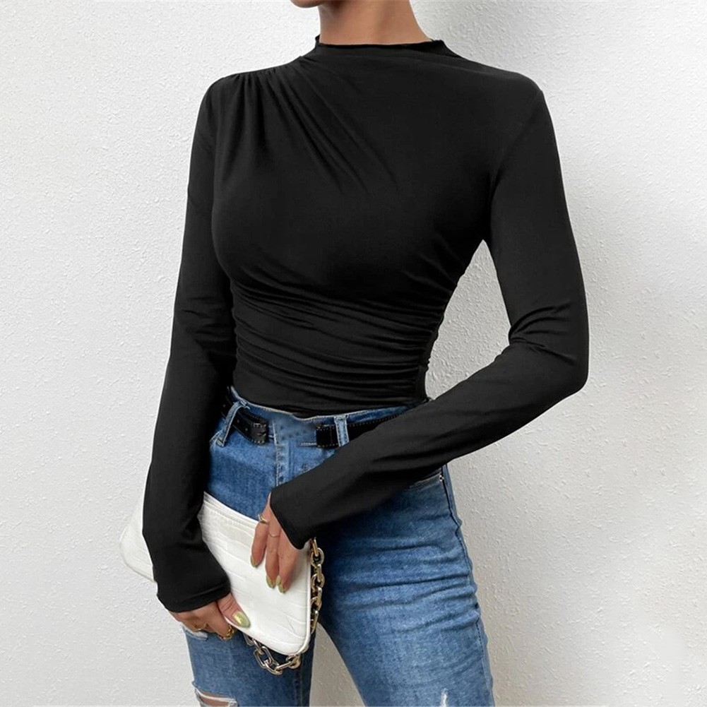 13) Women's Pleated Top with Half High Collar Slim Fit Long Sleeve T shirt - Picture 37 of 49