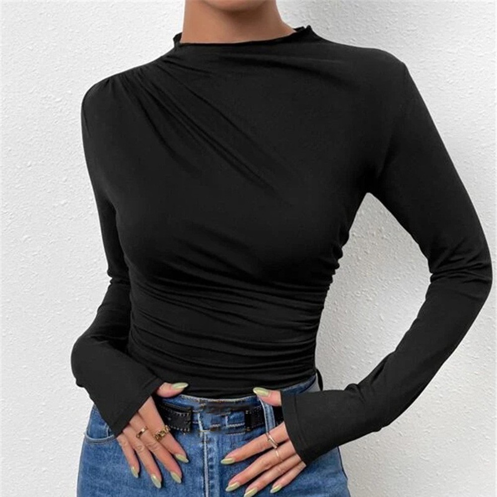 13) Women's Pleated Top with Half High Collar Slim Fit Long Sleeve T shirt - Picture 31 of 49