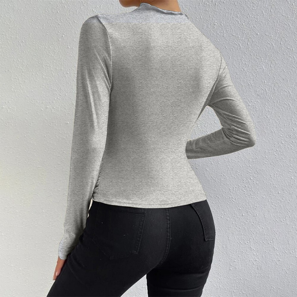 13) Women's Pleated Top with Half High Collar Slim Fit Long Sleeve T shirt - Picture 44 of 49