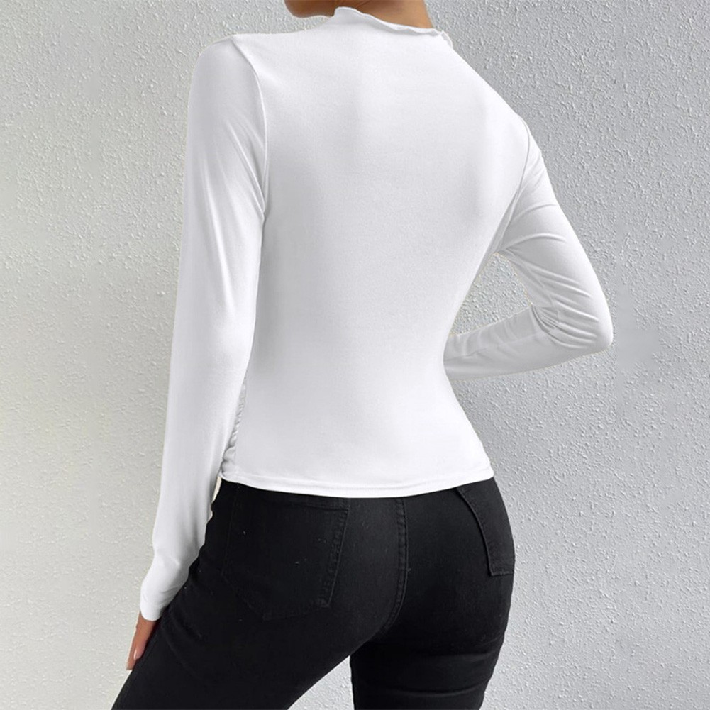 13) Women's Pleated Top with Half High Collar Slim Fit Long Sleeve T shirt - Picture 42 of 49
