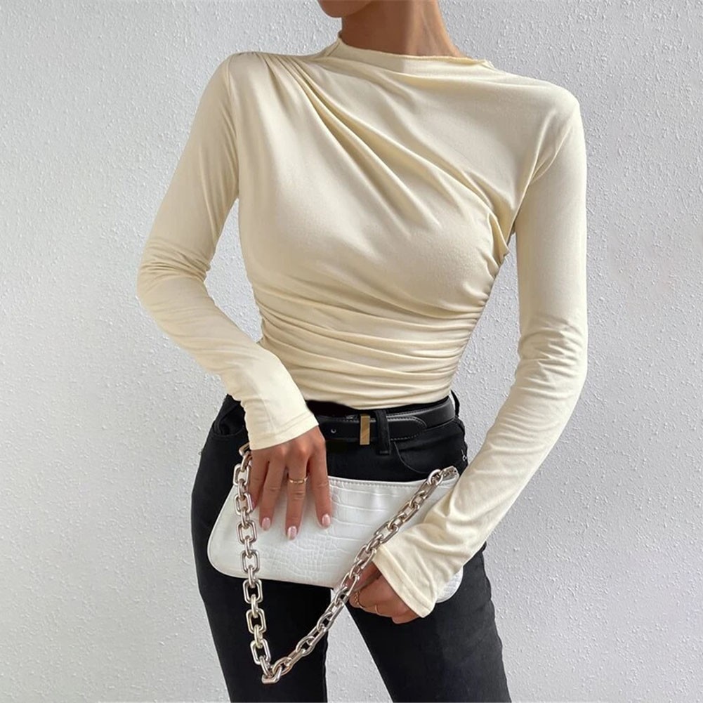 13) Women's Pleated Top with Half High Collar Slim Fit Long Sleeve T shirt - Picture 30 of 49