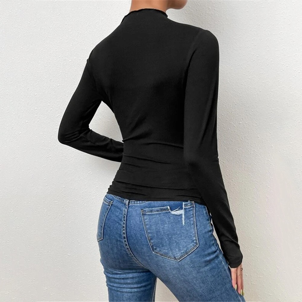 13) Women's Pleated Top with Half High Collar Slim Fit Long Sleeve T shirt - Picture 34 of 49