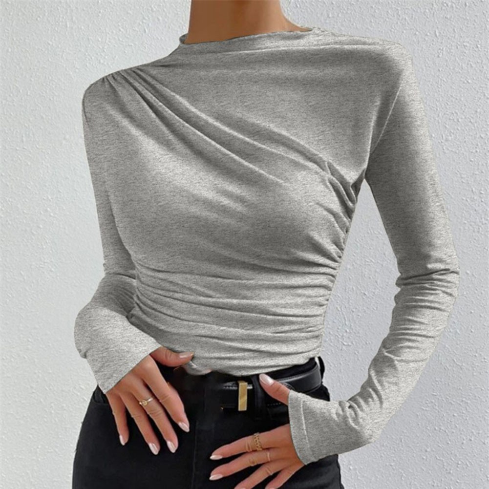 13) Women's Pleated Top with Half High Collar Slim Fit Long Sleeve T shirt - Picture 43 of 49