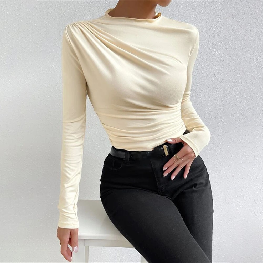 13) Women's Pleated Top with Half High Collar Slim Fit Long Sleeve T shirt - Picture 25 of 49