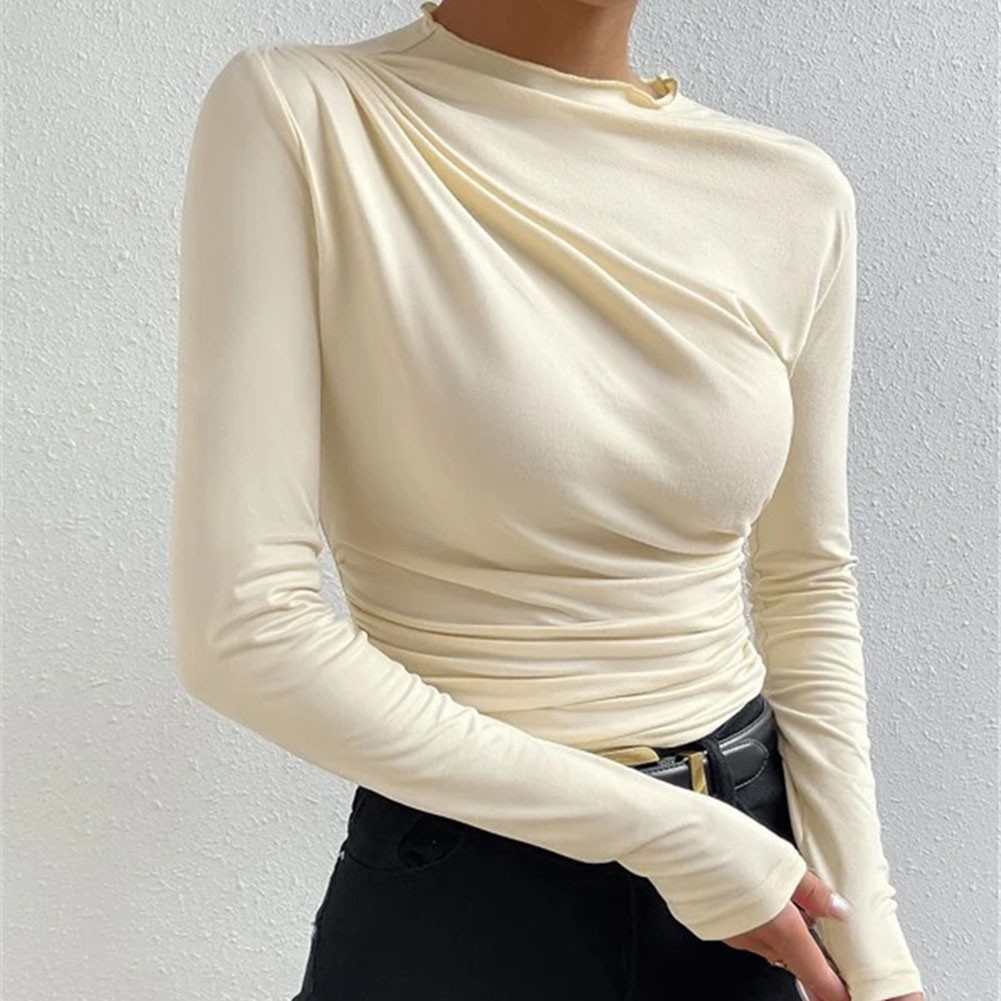 13) Women's Pleated Top with Half High Collar Slim Fit Long Sleeve T shirt - Picture 27 of 49