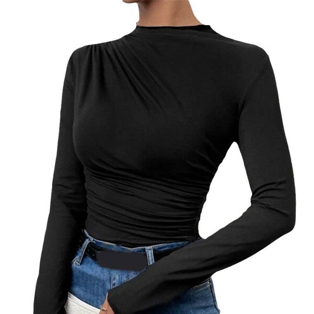 13) Women's Pleated Top with Half High Collar Slim Fit Long Sleeve T shirt - Picture 38 of 49