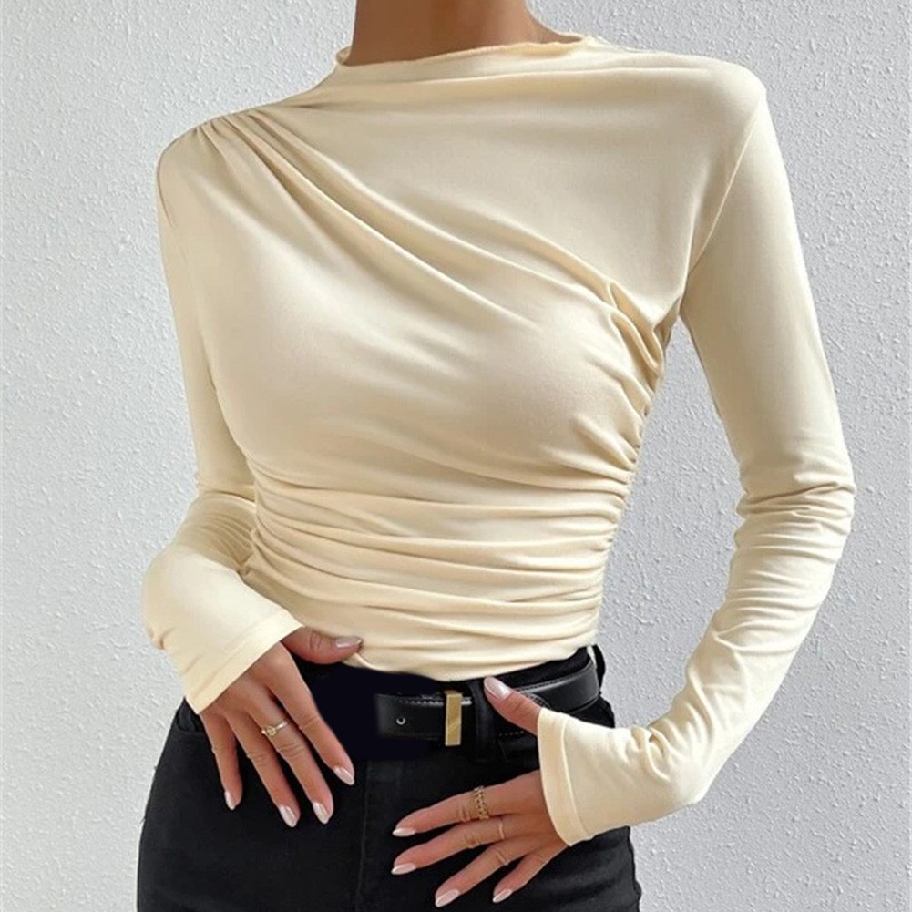 13) Women's Pleated Top with Half High Collar Slim Fit Long Sleeve T shirt - Picture 22 of 49