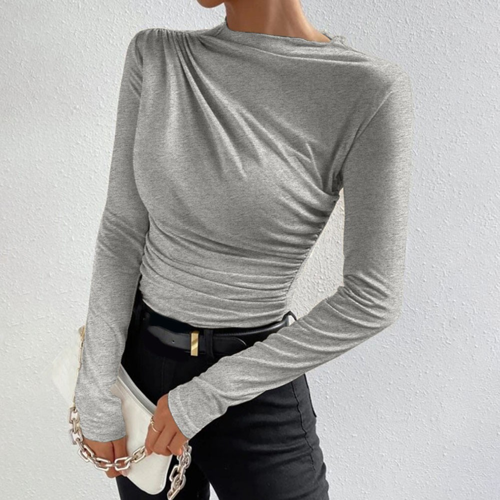 13) Women's Pleated Top with Half High Collar Slim Fit Long Sleeve T shirt - Picture 45 of 49