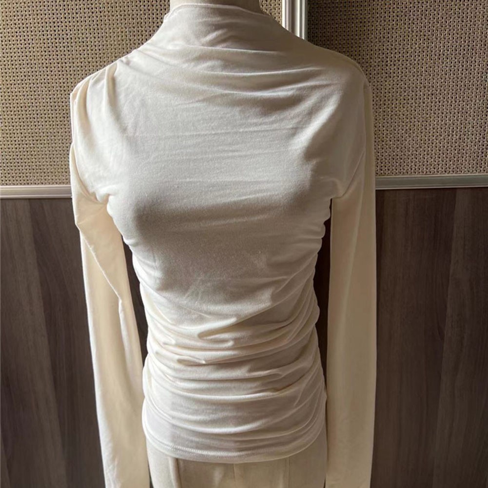 13) Women's Pleated Top with Half High Collar Slim Fit Long Sleeve T shirt - Picture 29 of 49