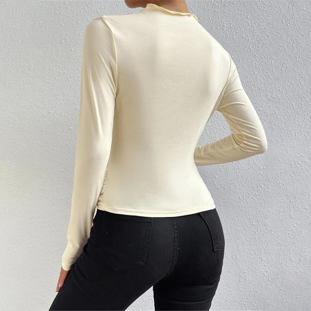 13) Women's Pleated Top with Half High Collar Slim Fit Long Sleeve T shirt - Picture 26 of 49