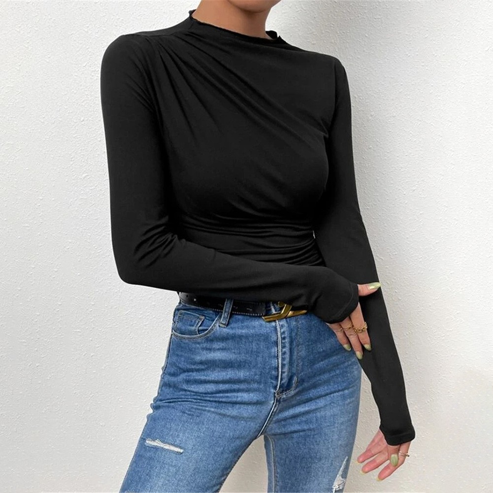 13) Women's Pleated Top with Half High Collar Slim Fit Long Sleeve T shirt - Picture 33 of 49