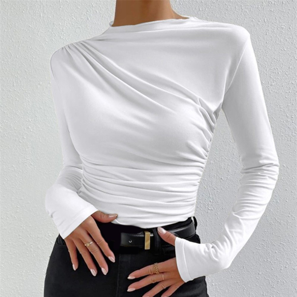13) Women's Pleated Top with Half High Collar Slim Fit Long Sleeve T shirt - Picture 40 of 49
